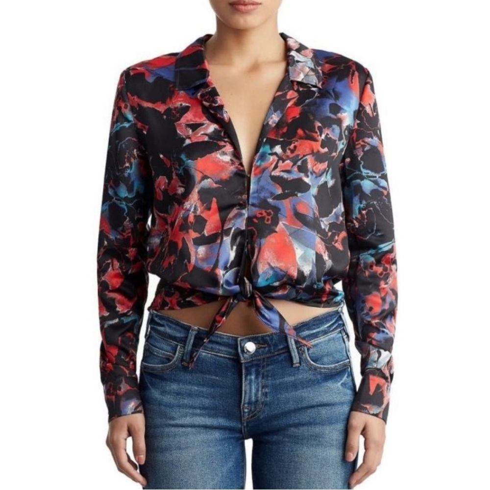 TRUE RELIGION  Xs Deep V Front Tie Multicolor Crop Blouse Gold Clasp Closure